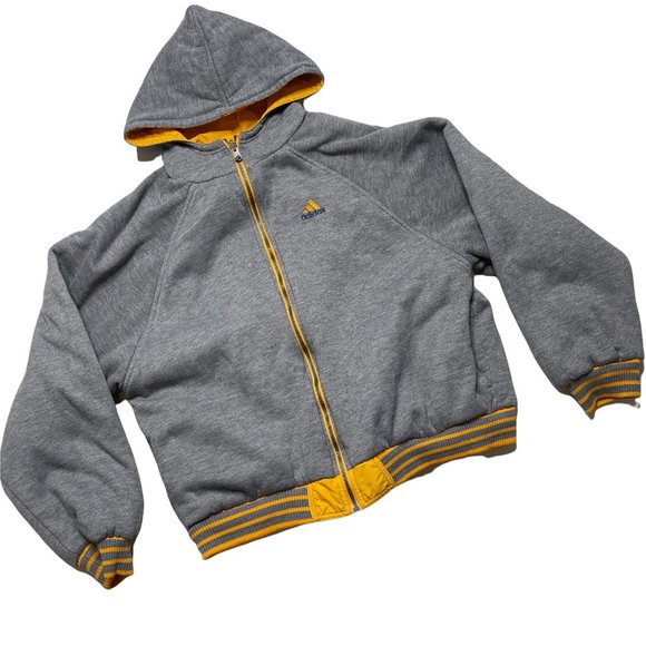Adidas Reversible Jacket Large Yellow Nylon Gray Fleece Hooded Full Zip - Picture 2 of 8
